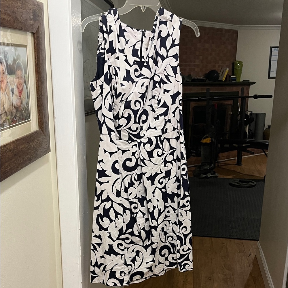 LOFT Black and White Leaf Print Midi Dress